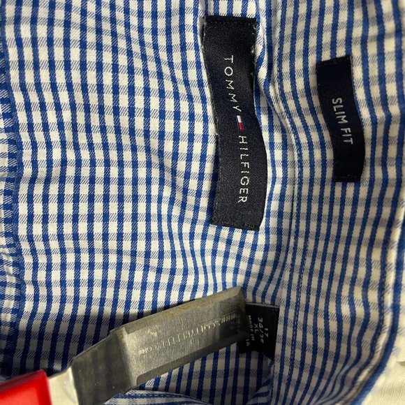 Tommy Hilfiger Men's Slim Fit Blue White Check Long Sleeve Button Front Shirt 17 - Picture 9 of 9